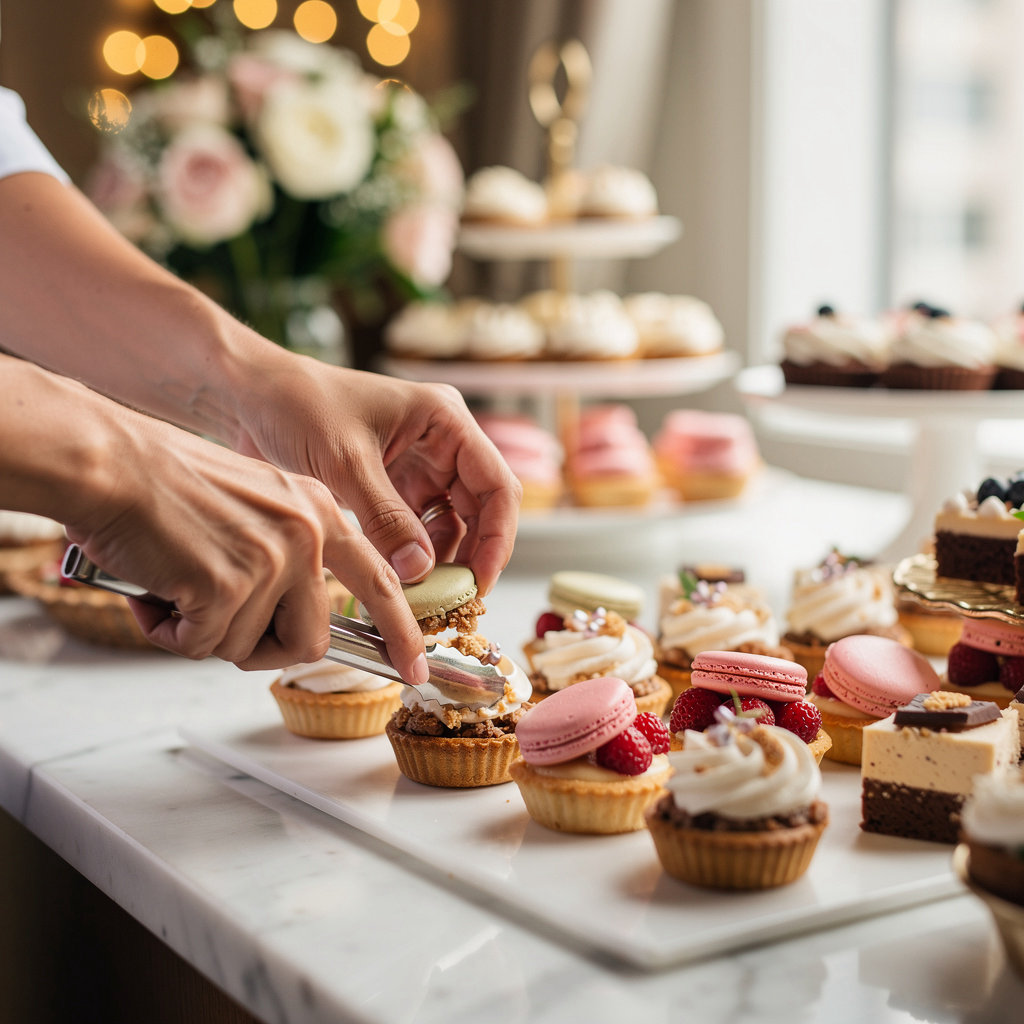 Golden Crumb Bakery live dessert station with artisanal cakes and sourdough display