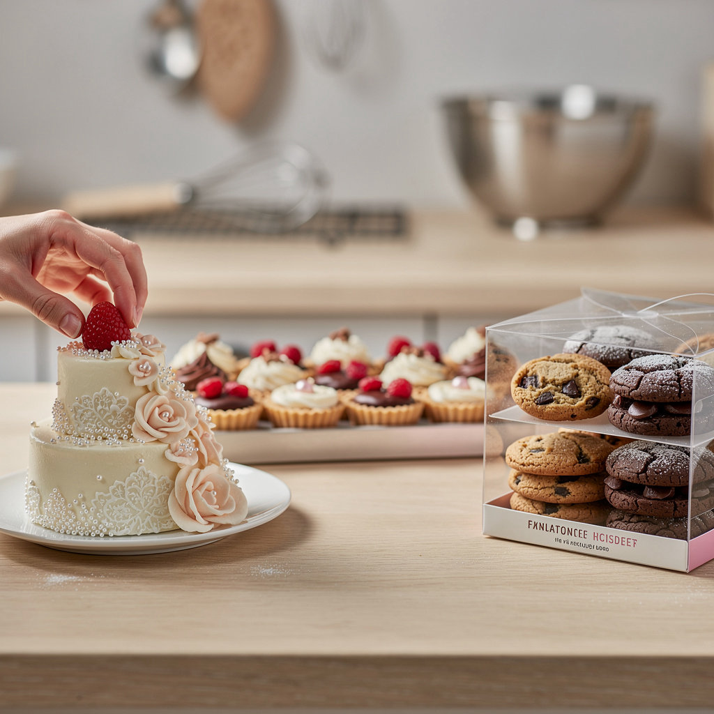 Golden Crumb Bakery artisanal dessert display featuring sourdough and French cakes for events