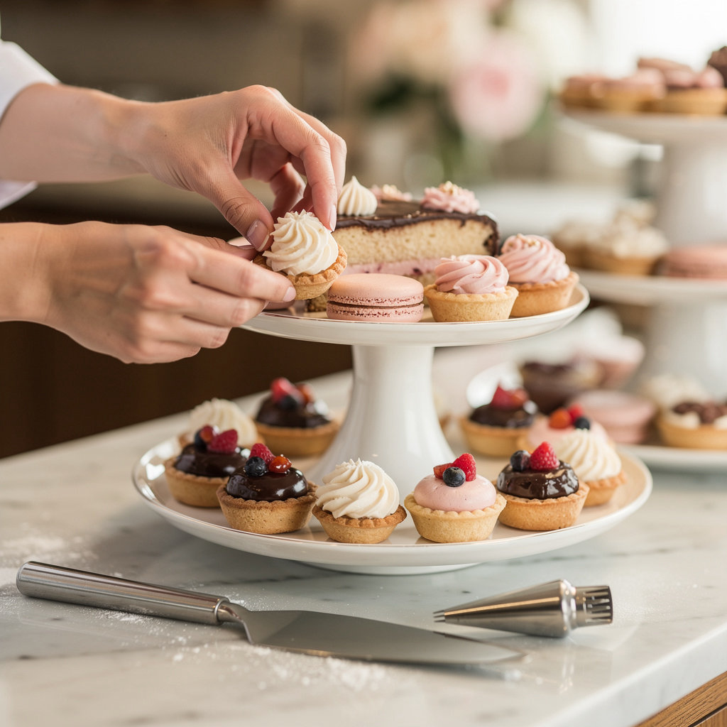 Golden Crumb Bakery elegant wedding dessert display with artisanal cakes and custom designs